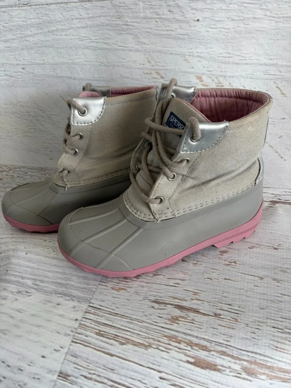 Sperry Port Pink and Grey Duck Boots